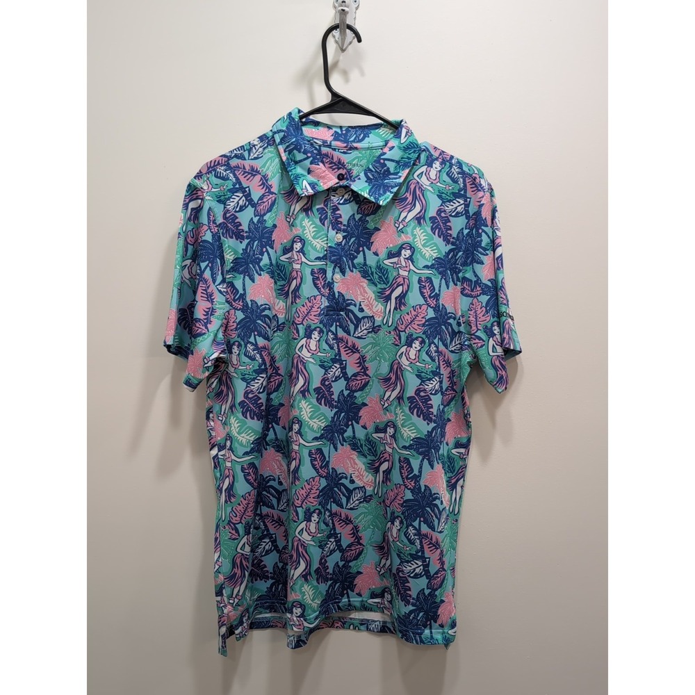 Simply Southern Men's Hula Girl‎ Golf Polo Size Small Vacation Summer Preppy